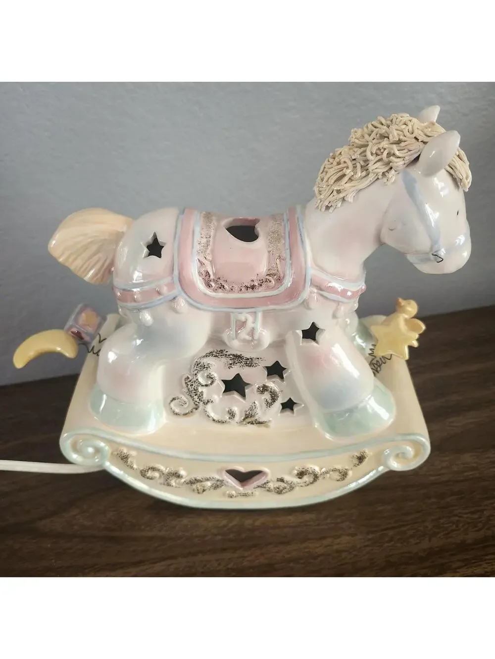 Vintage Porcelain Rocking Horse Nursery Lamp Pastel Stars Glitter 2001